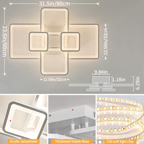 Modern LED Ceiling Lights for Bedroom Dimmable Modern 6 Ring Square Ceiling Lights for Living Room with Remote Control White Bedroom Ceiling Lamp Fixures for Kitchen