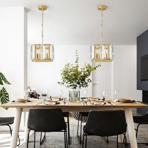 Gold Modern Crystal Chandeliers Rectangle Farmhouse Pendant Light Semi Flush Mount Ceiling Light Fixture for Bedroom Dining Room Kitchen Island Living Room Foyer Hallway