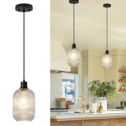 2 Pack Pendant Lights with Vintage Clear Ribbed Glass Lampshade (2 Count)
