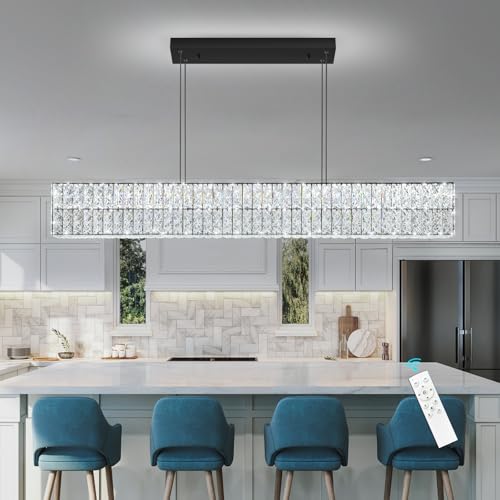 Rectangular Crystal Chandelier with Dimmable LED Lights Dining Room Remote Ceiling Pendants Lighting Fixtures for Kitchen Island Matte Black