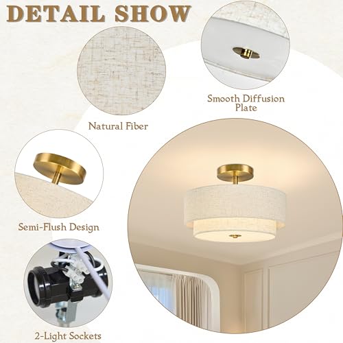 2 Light Semi Flush Mount Ceiling Light Fixture 12.6 Inch Modern Gold Drum Lights Fixture with 2