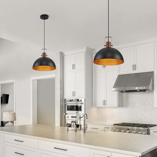 16 Inch Black Pendant Lights Hammered Matte Pendant Lights for Kitchen Island Industrial Farmhouse Adjustable Height Dome Hanging Light Fixtures for Barn (2 Count)