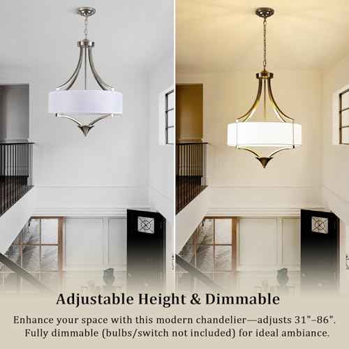 6-Light Brushed Nickel Chandelier 19.7" Modern Drum Chandeliers for Dining Room Light Fixture with White Fabric Shade Large Pendant Lighting for Kitchen Island Living Room Bedroom Foyer Over Table,E26