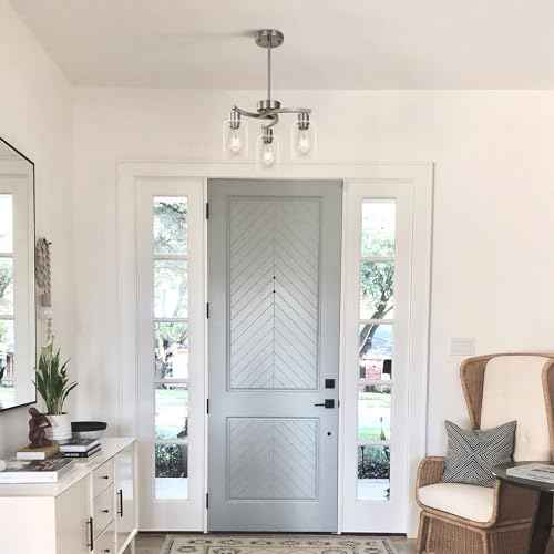 3 Light Brushed Nickel Dining Room Light Fixture,Modern Kitchen Chandeliers Over Table，Adjustable Height Industrial Hanging Pendant Lights for Kitchen Island with Glass Shade