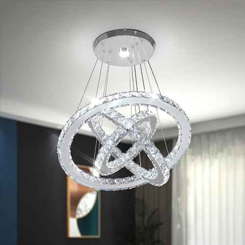 CLAIRDAI 3-Ring Adjustable Crystal Chandelier, Cool White LED | Modern stainless steel LED pendant light fixture for dining room, bedroom, living room, hallway
