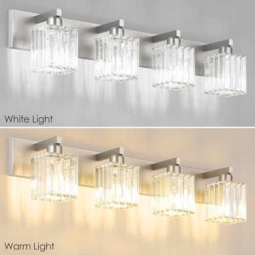 Brushed Nickel Bathroom Lighting Fixtures 4 Light Crystal Modern Bathroom Vanity Light