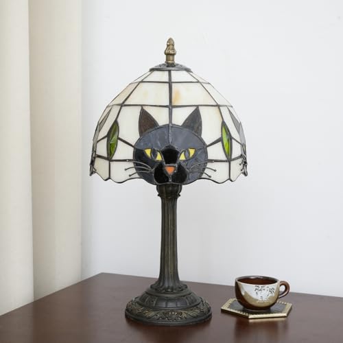 Tiffany Style Black Cat Stained Glass Table Lamp Cute Small Quirky Table Lamp Bedroom Bedside lamp Living Room Dining Room Office Decoration Desk lamp Home Decoration Creative Gift Scene Props