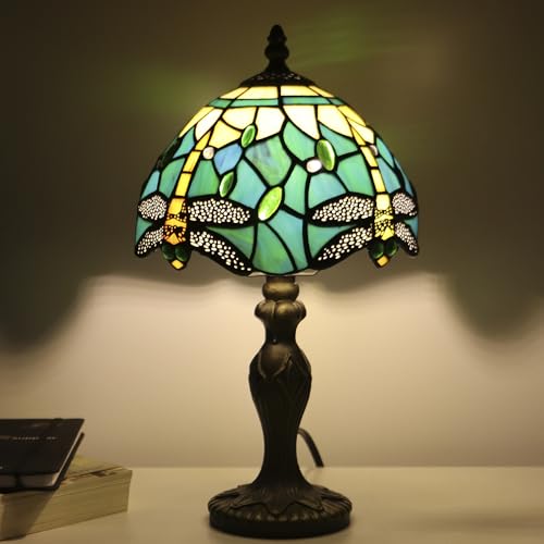 Tiffany Table Lamp Dragonfly Style Blue Yellow Stained Glass Accent Lamp Bronze Resin Base 8X8X14 Inch