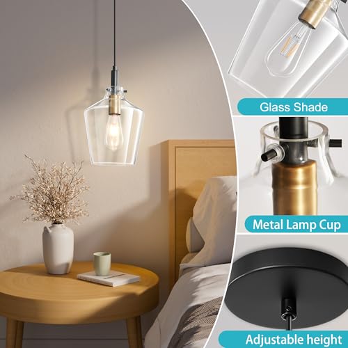 Glass Pendant Lighting for Kitchen Island 2 Pack Black Gold Clear 8 Inch (2 Count)