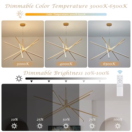 Big Gold Chandelier for Foyer Living Room 48 Inches High Ceiling Chandeliers Modern Remote Control Sputnik Chandelier for Large Living Room Dining Room Foyer