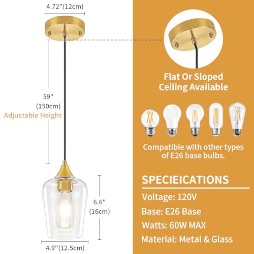 3 Pack Brushed Gold Pendant Lights Over Island Kitchen Light Fixtures (3 Count)