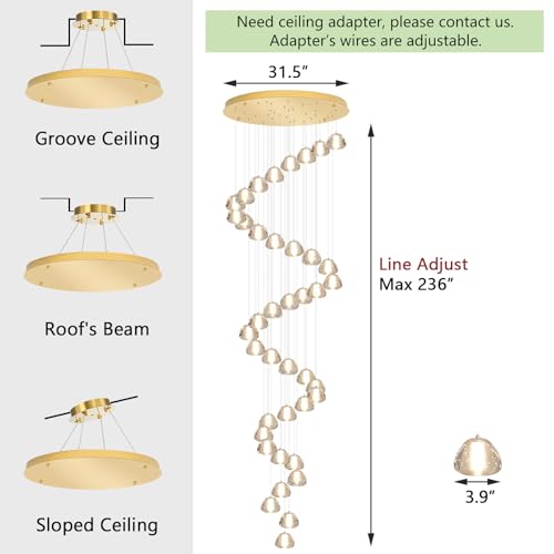 236'' Long Large Crystal Chandeliers LED Chandeliers for High Ceiling Handing Light Fixture for Entrance Hallway Foyer Staircase Lobby Gold