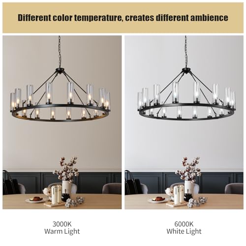 16 Light Large Wagon Wheel Chandelier with Clear Glass Shade Black Round Pendant Light Farmhouse Industrial Chandeliers Dining Room Light Fixture for Stair Living Room Foyer Kitchen