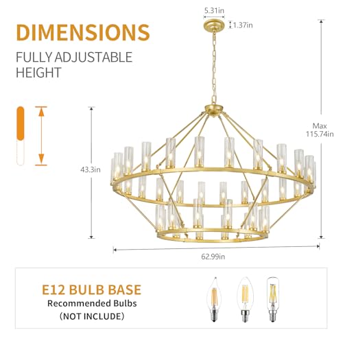 63 Inch Large Gold Wagon Wheel Chandelier with Clear Glass Shade 2 Tier 36