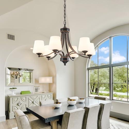 6 Light Farmhouse Chandeliers Black and Gold Dinner Room Light with Frosted Glass 47.2" Adjustable Pendant Ceilling Lighting Rustic Vintage Hanging Lamp for Kitchen Island Dining Table Living Room