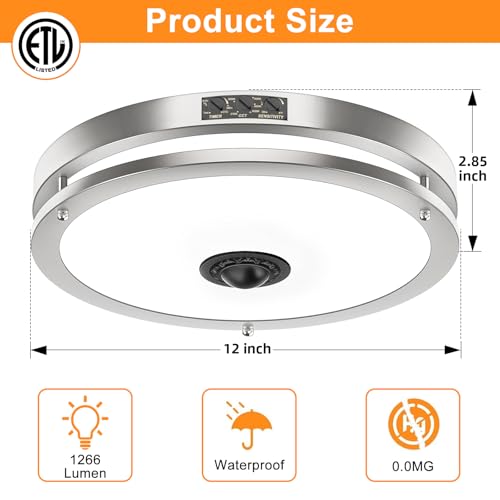 12" Nickle LED Motion Sensor Outdoor Ceiling Light
