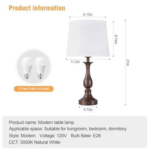 Bedside Table Lamp Touch Control Bedroom Lamps with USB A + C Charging Port 3 Way Dimmable Touch Lamps for Nightstand Living Room Bedroom Dorm Home Office Reading (2 Count)