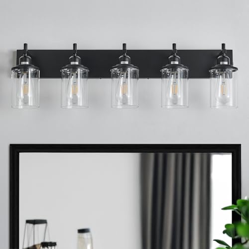 5 Light Black Bathroom Light Fixture Over Mirror Modern Farmhouse Bathroom Vanity Light Vintage Wall Lighting with Clear Glass Shade for Bathroom (5 Count)