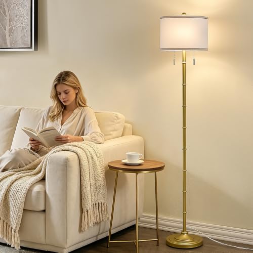 Upgraded 2 Light Mid Century Modern Glod Floor Lamp for Living Room (Gold)
