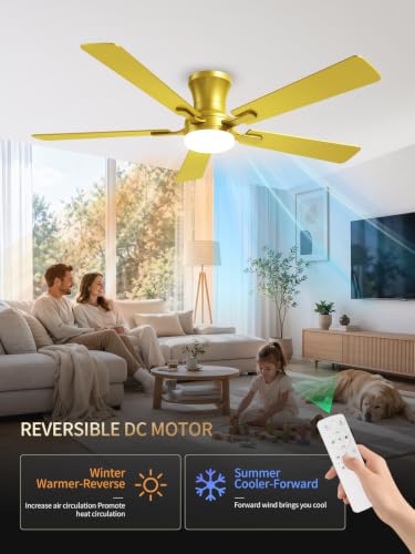 52 Inch Gold Low Profile Ceiling Fan with Light and Remote (Gold / 52 Inch)
