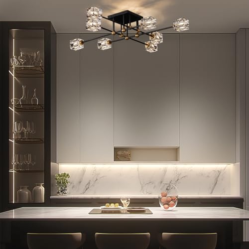 8 Light Crystal Ceiling Light Fixture Black and Gold Semi Flush Mount Ceiling Light Modern Chandeliers for Dining Room Kitchen Island Living Room Bedroom