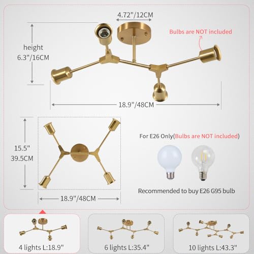 Modern Mid Century Gold Sputnik Ceiling Light Fixture Chandelier