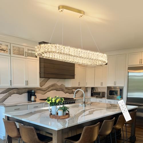 Modern Crystal LED Chandelier Dimmable Oval Chandeliers Rectangular Dining Room Light Fixture with Remote for Living Room Kitchen Island Gold