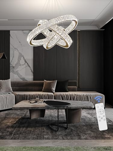 Modern Led Gold Ring Chandelier Luxury 3 Ring Crystal Chandelier Led Dimmable Light for Dining Room Height Adjustable Led Pendant Light 32''+24''+16''