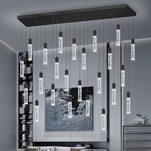 24 Lights Modern Crystal Chandeliers LED Pendant Light for Kitchen Island Dining Room Entrance Foyer Living Room 6000K Black
