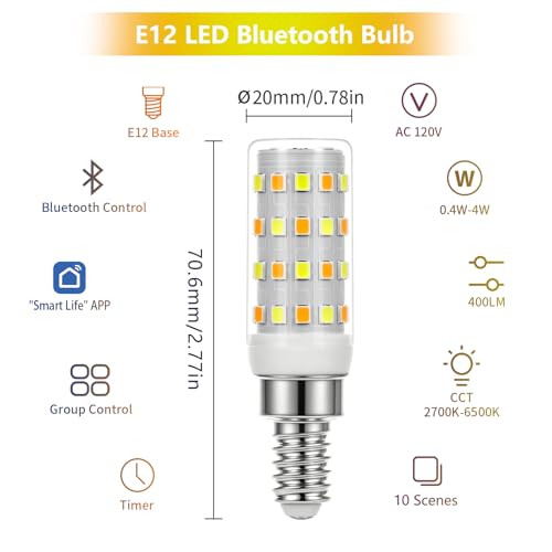 E12 LED Bulb Smart Bluetooth Light Bulb with APP Control (2 Count)