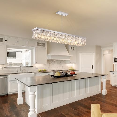 Rectangle K9 Crystal Chandelier Modern Rectangular Pendant Light Fixture for Dining Room Kitchen Island Chrome L59'' x W10'' x H9''
