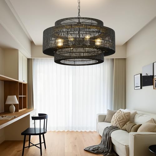 31.5"Large Boho Rattan Farmhouse Chandeliers for Dining Room