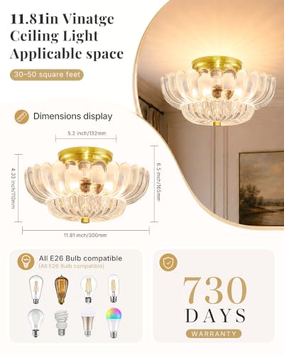 Semi Flush Mount Ceiling Light Fixture 11.8" Vinatge Gold Ceiling Lights Mid Century Modern Clear Glass Close to Ceiling Lighting Fixtures for Bedroom Hallway Foyer Bathroom Kitchen Entryway (3 Count)