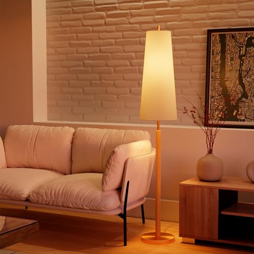 63" Matte Brass Floor Lamp with Wood Toned Accent and Long White Fabric Shade