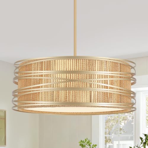5 Light Rattan Drum Chandelier 19.7'' Boho Gold Pendant Light