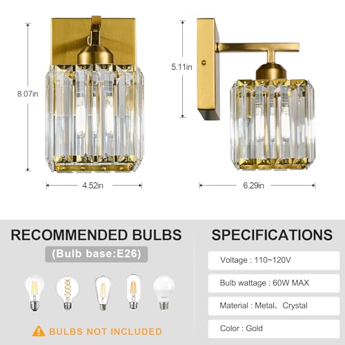 Wall Sconces Crystal Gold Wall Sconce Set of Two Indoor Wall Lamp Modern Wall Light Bathroom Vanity Light Fixtures Wall Lighting Wall Mounted Room Sconce (2 Count)