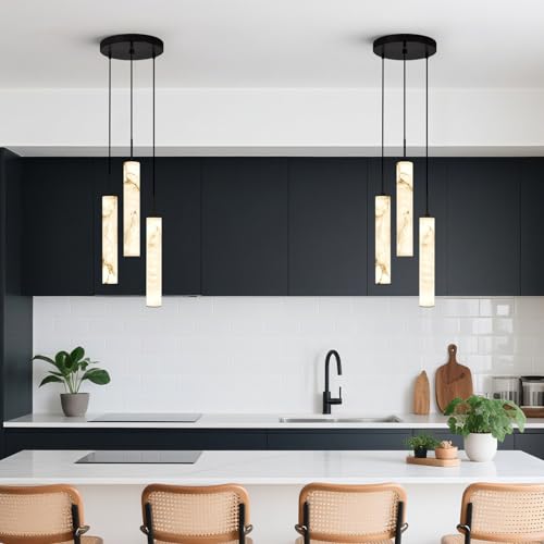 Natural Alabaster Pendant Lights for Kitchen Island White Marble Long Tube Chandelier 4000K Modern Black Ceiling Light Fixtures for Bedroom Dining Room Living Room Hallway