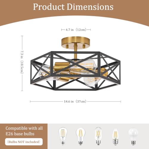 Farmhouse Black and Gold Semi Flush Mount Ceiling Light 14.6 Inch (Black and Gold / 14.6 Inch)