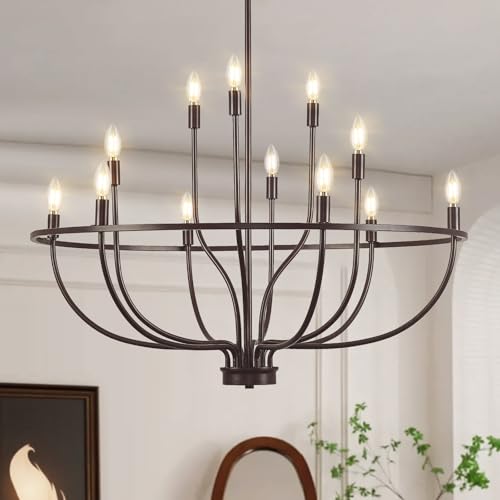 12 Light Farmhouse Oil Rubbed Bronze Chandelier Large High Ceiling Foyer Metal Candle Chandeliers for Dining Room Hanging Lighting for Kitchen Living Room Entryway