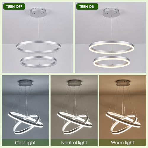 2 Rings Modern LED Chandelier Silver for Dining Room (2 Count)