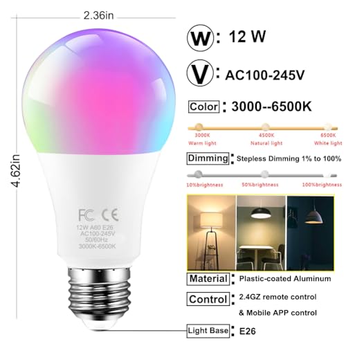 RGBCW E26 Smart Light LED Bulb with a 2.4GHz Remote Control 12W 1000lm Color Changing for Bedroom (2 Count)
