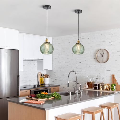 Vintage Green Ribbed Glass Pendant Lights for Kitchen Island 2 Pack
