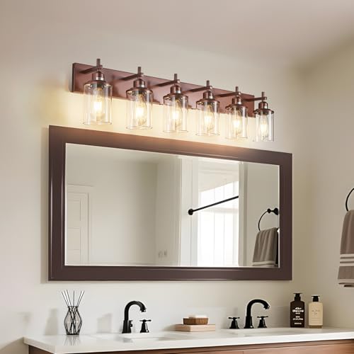 6 Light Bronze Bathroom Light Fixtures Over Mirror