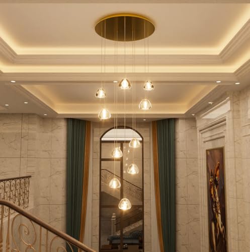 Glam Chandelier with LED Dimmable Bulbs Bubble Crystal Balls Glam Chandeliers High Ceiling Pendants Light Fixtures Adjustable Long Lights Gold Light