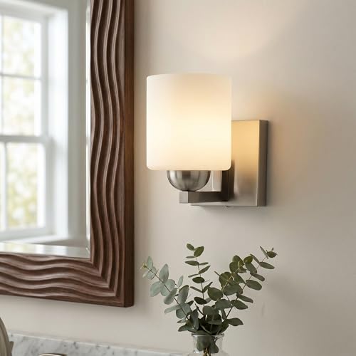1 Light Brushed Nickel Bathroom Vanity Light with White Glass Shade