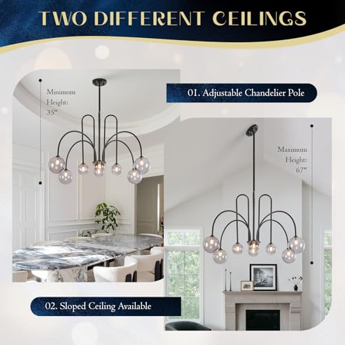 Black Sputnik Chandelier with Smoke Glass Globe 8 Lights L41 Inch
