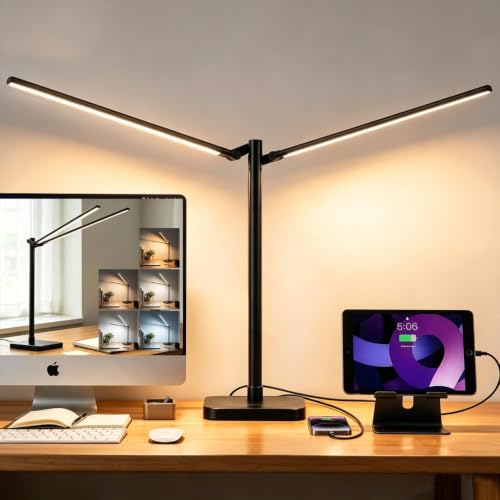 Desk Lamp for Office Home Dual Head 24W Swing Arm Reading Table Lamp Black (Black)