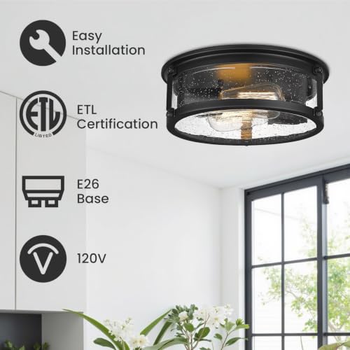 Farmhouse Black Flush Mount Ceiling Light Fixtures with Seeded Glass (Black)
