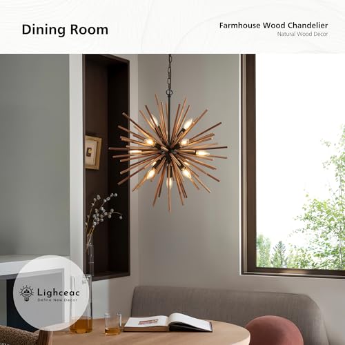 23.6" Farmhouse Sputnik Chandelier for Dining Room Rustic Handmade Natural Wood 12 (12 Count)