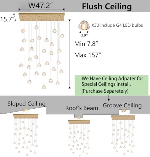 W47.2 x D15.7 x H157 Glam Chandelier Rectangular Chandeliers Bubble Crystal Pendants Light Fixture Dimmable High Ceiling Large Light Antique Gold